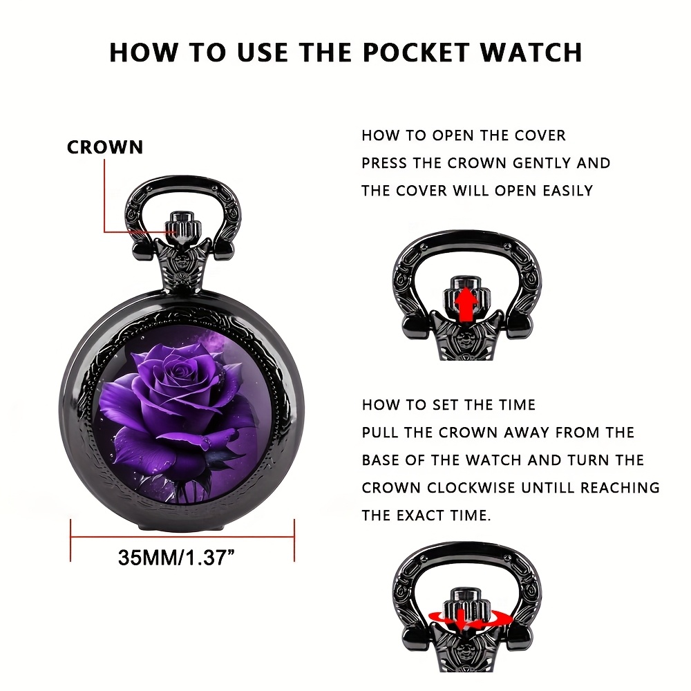 Damen-Quarz-Taschenuhr-Halskette mit lila Rosen- und schwarzem Glasanhänger, elegantes Blumendesign für lässige oder formelle Outfits