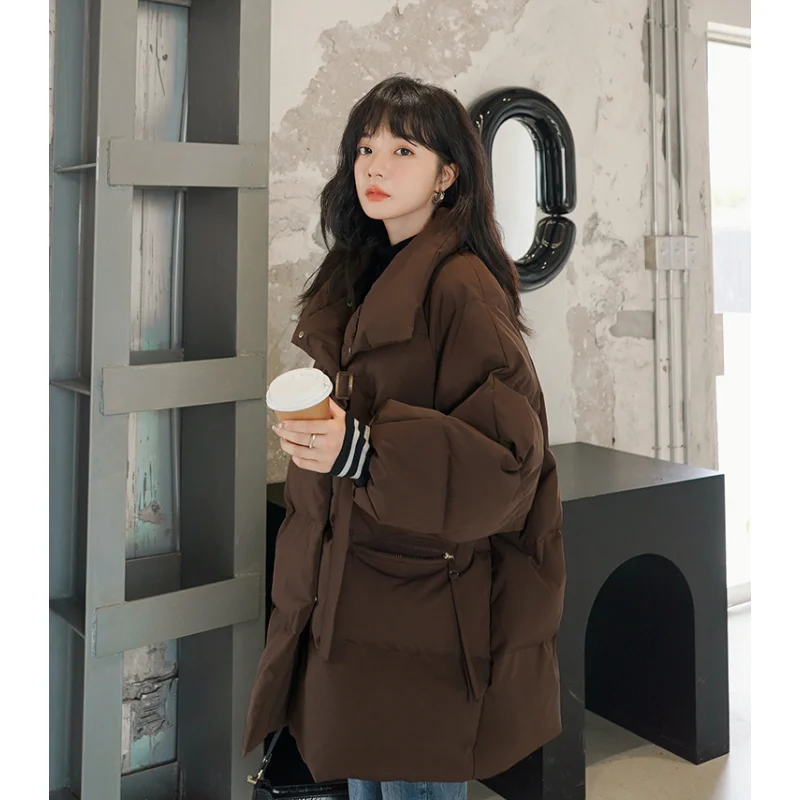Puffer à prova de vento com gola para mulheres, tops acolchoados, roupas de lazer marrom e preto, moda coreana, roupas quentes, estilo Y2K, inverno