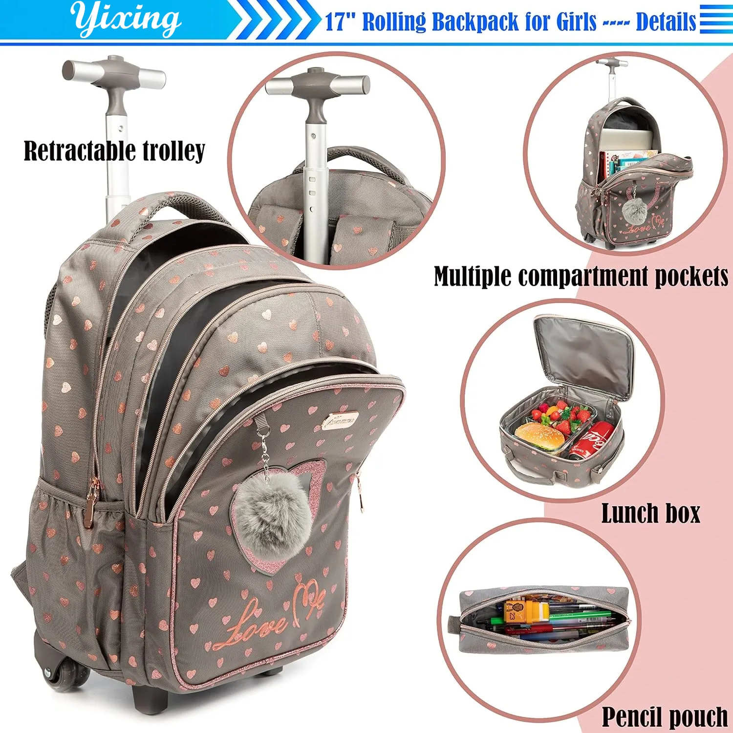 Mochila infantil com rodas, conjunto com lancheira, mochila escolar com rodas, carrinho escolar para meninas