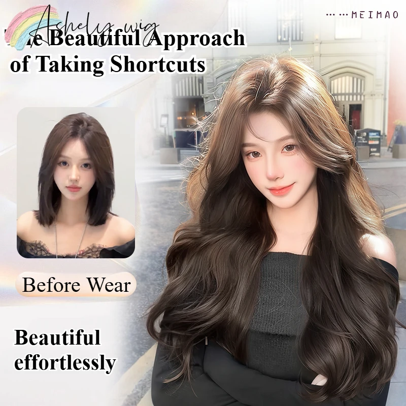 アシェリー-女性用の波状合成かつら,ボディウェーブヘア,高温耐性繊維,黒と茶色,日常使用,24インチ