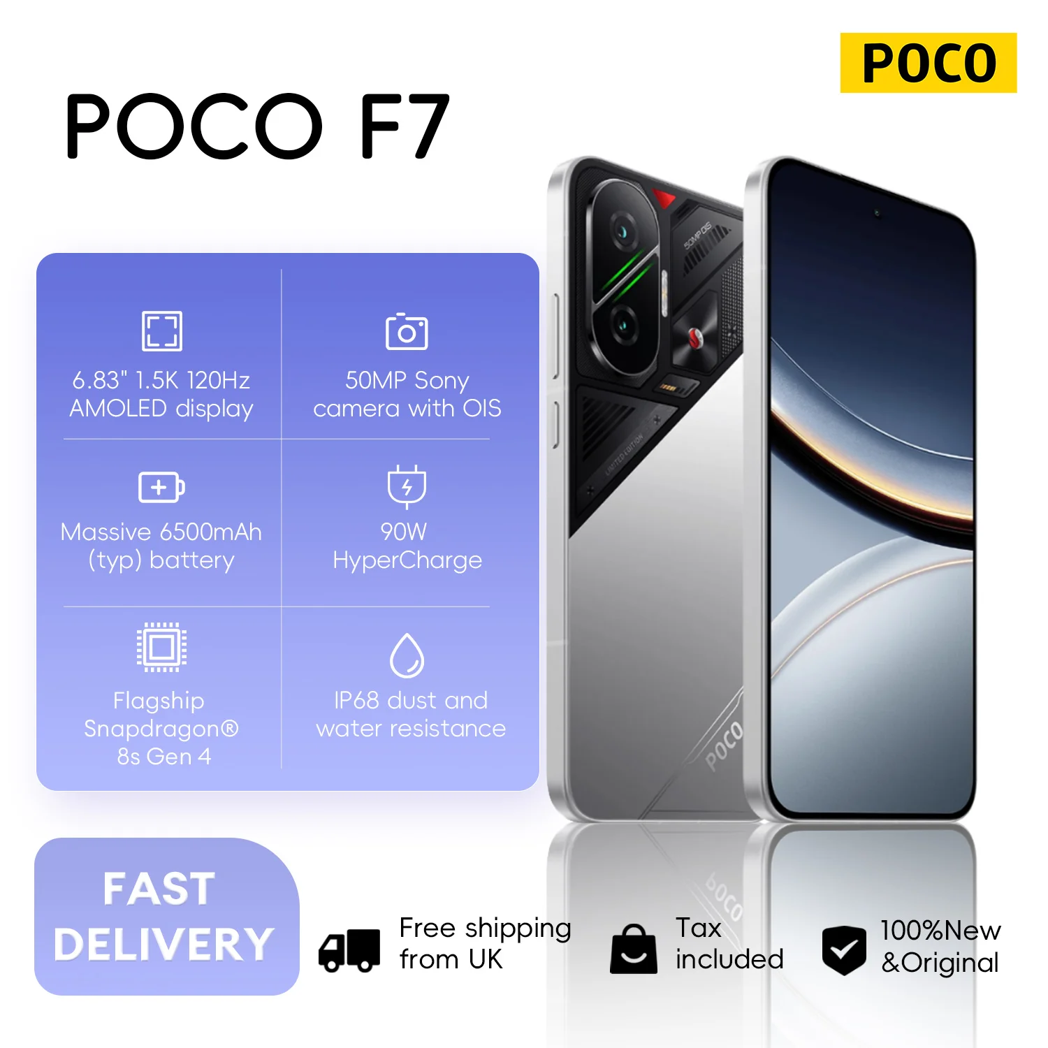 POCO F7 12+512GB Global Version 6.83" 1.5K 120Hz AMOLED Screen Flagship Snapdragon® 8s Gen 4 50MP Sony Camera 6500mAh 90W NFC