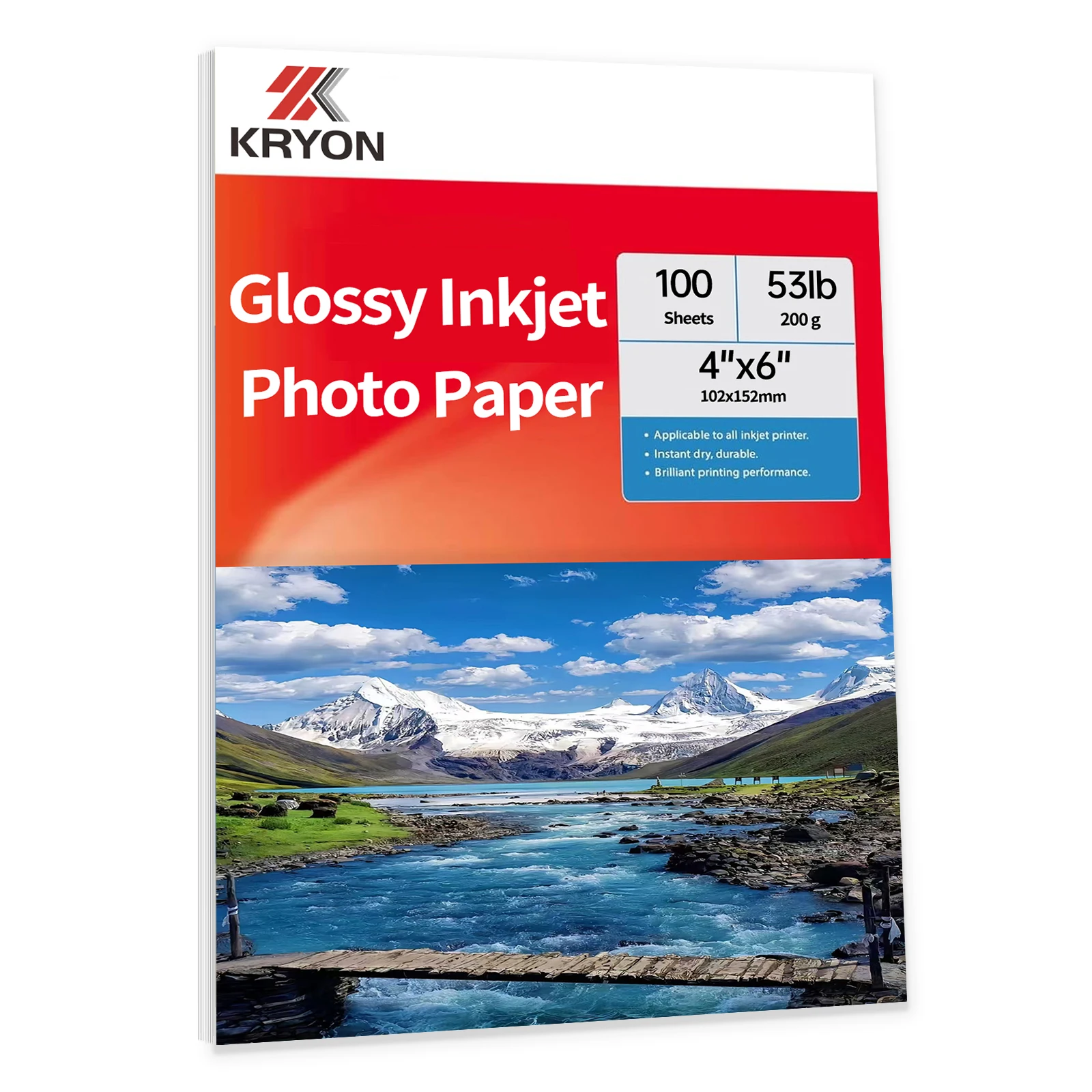 Papier Photo brillant KRYON 102x152mm, 4x6 pouces, 100 feuilles 53Ib, 200G/m2, pour imprimante à jet d'encre