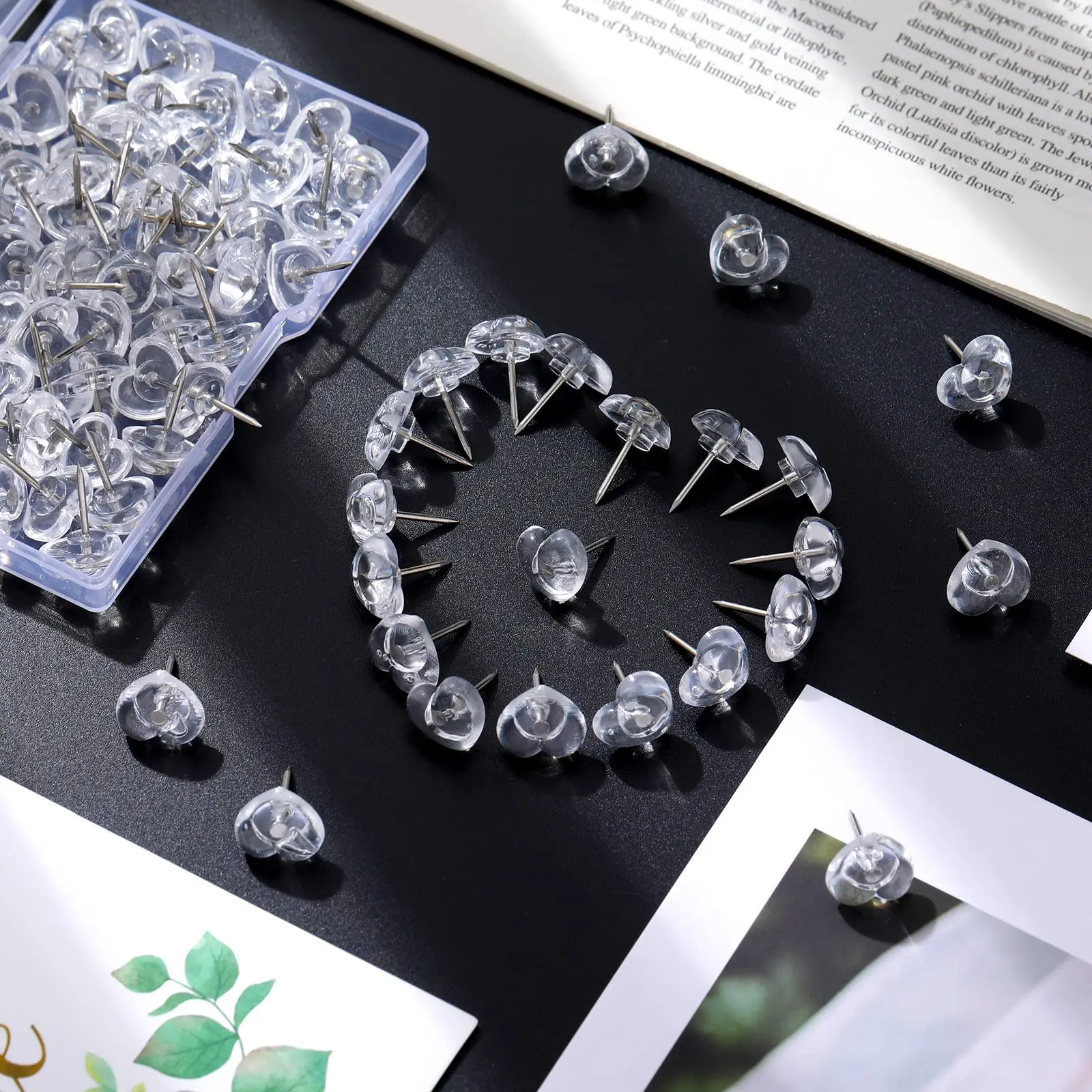 50pcs/100pcs box Heart Shape Markers Drawing Photo Wall Studs Cork Board Pins Transparent Push Pins Photo Thumb Maps Thumbtack