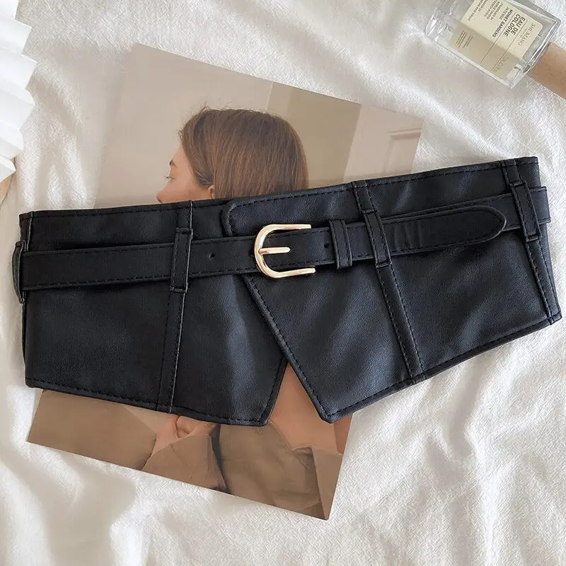 Cinture larghe classiche con fibbia ad ardiglione Cintura elastica nera in PU Cintura alla moda con corsetto Waspie Cintura classica per cappotti per donne e ragazze