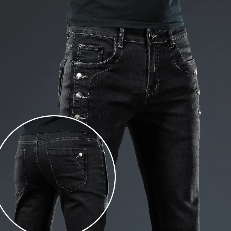 Pantalones vaqueros clásicos ajustados Vintage a la moda para hombre, pantalones elásticos de moda coreana con lavado gris y copo de nieve, pantalones vaqueros con múltiples botones