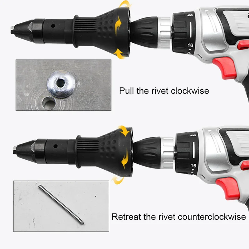 Elétrica Rivet Nut Gun Ferramenta de rebitagem Adaptador de broca de rebitagem sem fio Insert Riveting Drill Adapter, Nut Tool Acessórios