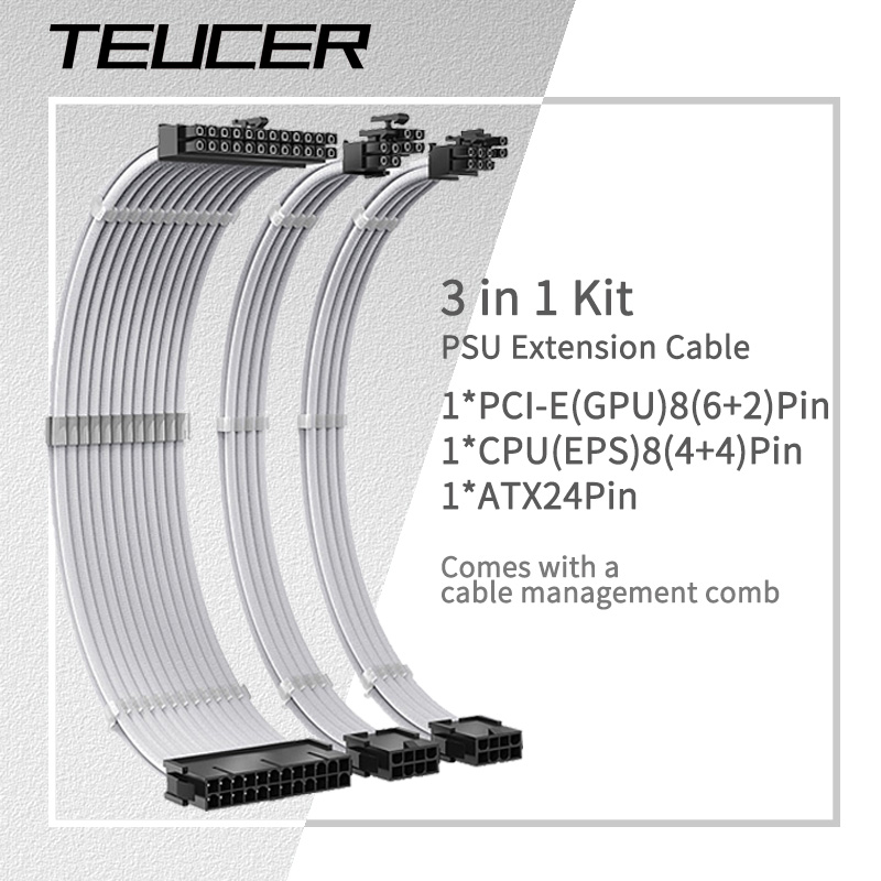 TEUCER 30cm Przedłużacz PSU 3 w 1 Zestaw Płyta główna ATX 24Pin GPU PCI-E 6+2Pin 8Pin CPU EPS 4+4Pin 18AWG Przewód zasilający