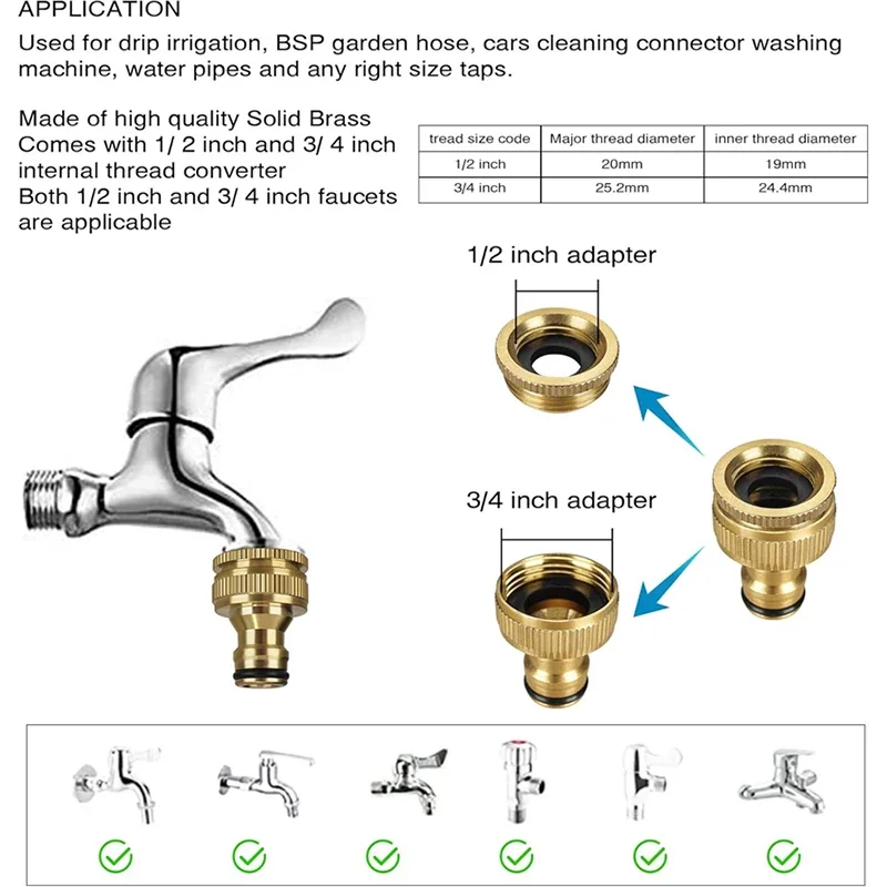 Conector de manguera de jardín, conector de grifo de jardín de latón macizo, conector de grifo 2 en 1 de 1/2 pulgadas y 3/4 pulgadas, accesorios de manguera de conexión rápida