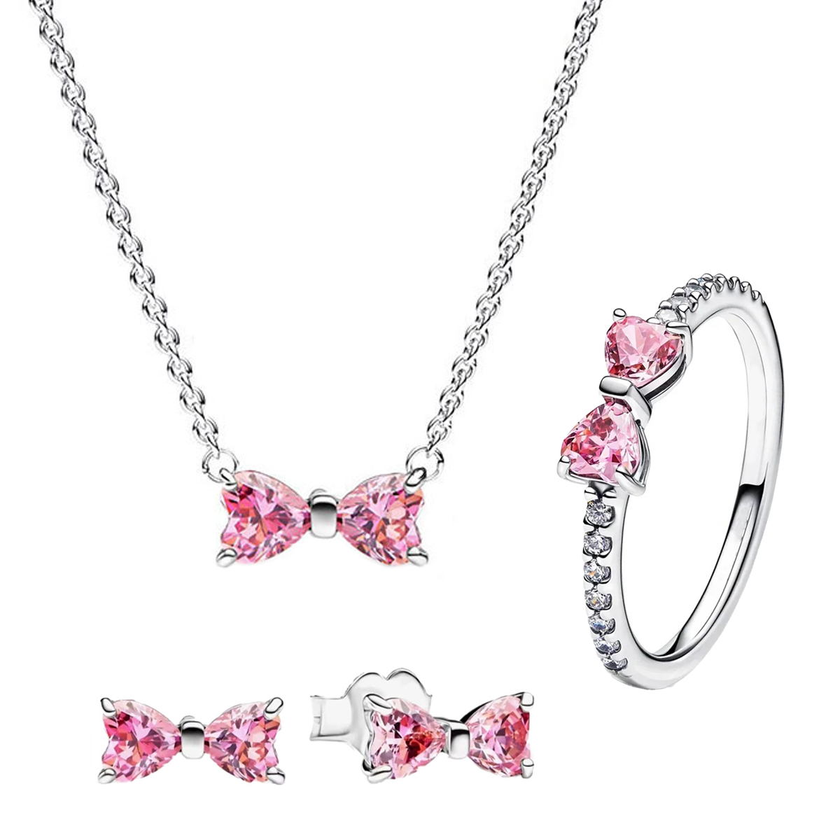 Jóias finas rosa brilhante arco conjunto anel brincos pulseiras colar original 925 prata esterlina diy feminino diy presente de aniversário