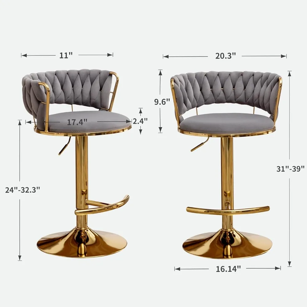 Gold Bar Stools Set of 4, Counter Height Bar Stools with Low Back, Velvet Adjustable Height Barstools,360° Swivel Bar Stools for