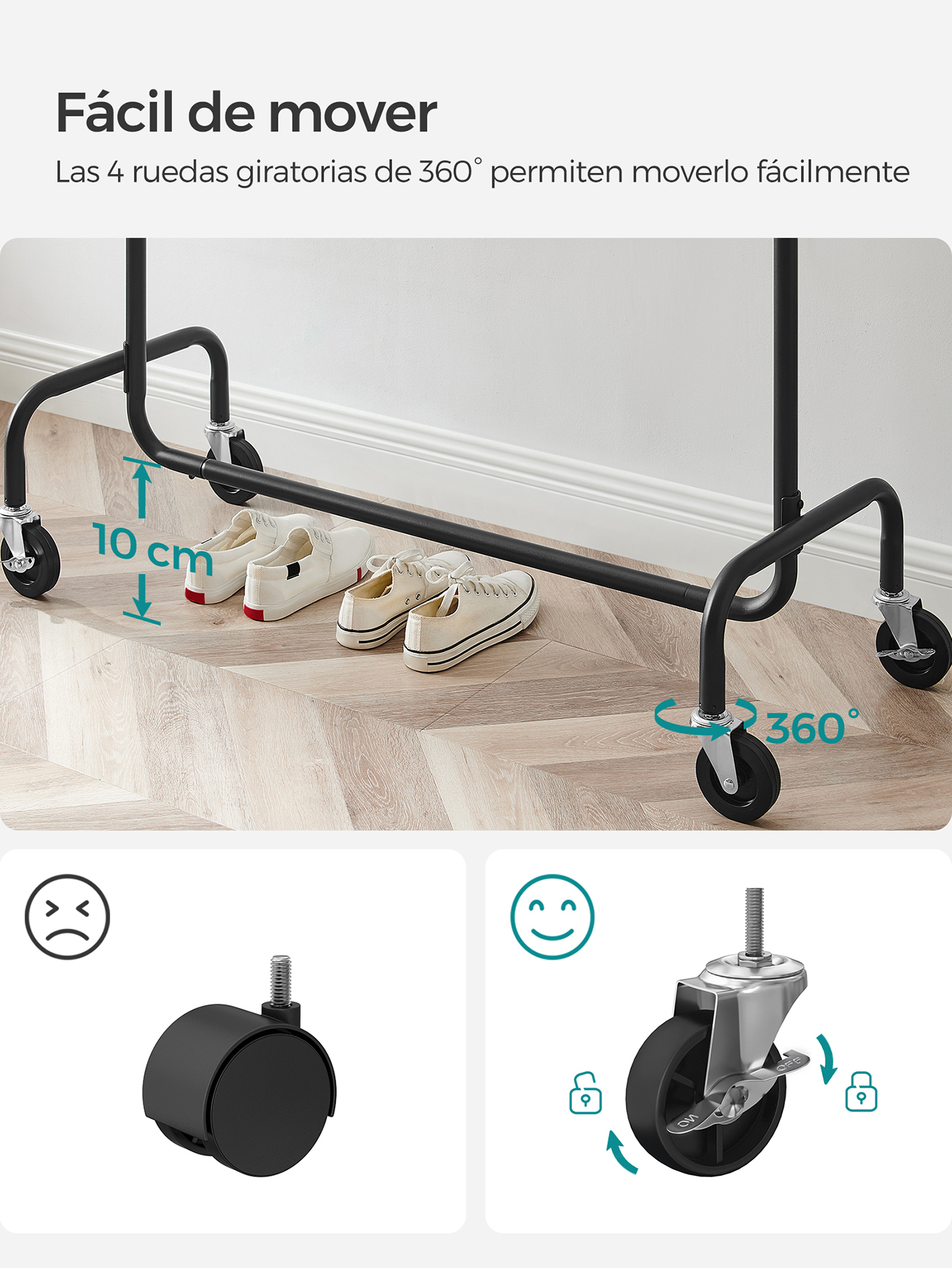 SONGMICS Burro Ropa con Ruedas, Perchero Burro Extensible con Carga Pesada, Capacidad de Carga de 130 kg, Fácil de Montar, Portátil, Blanco Mate/Negro Mate/Plata