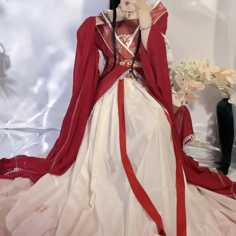 Retro สไตล์จีนสีแดง Vestido Hanfu ชุดคอสเพลย์ผู้หญิงแบบดั้งเดิมพิมพ์กระโปรงยาว 5 ชิ้นชุดสาวปาร์ตี้ชุดกระโปรง