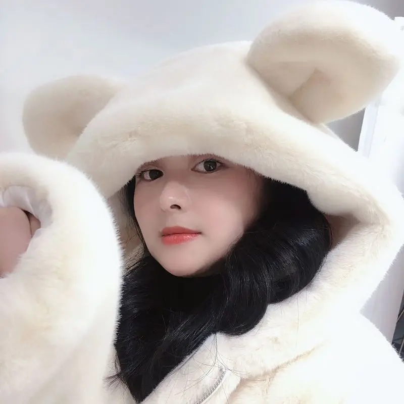 COZY หลวม faux FUR Coat WOMENS faux FUR fuzzy hooded fluffy ears surcoat Overcoat ผู้หญิงฤดูหนาว WARM outerwear Snowy Day Wrap