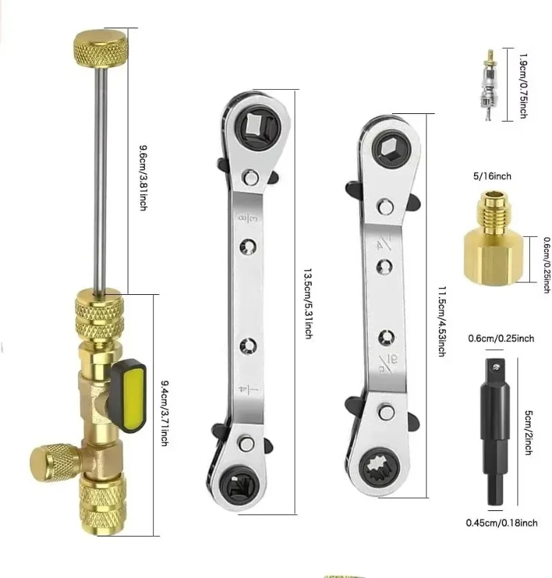 Valve Core Remover Installer Kitwith Dual Size 1/4 and 5/16 Ports for R12,R22,R32,R404,R407,R410, R404 A/C Air Condition System