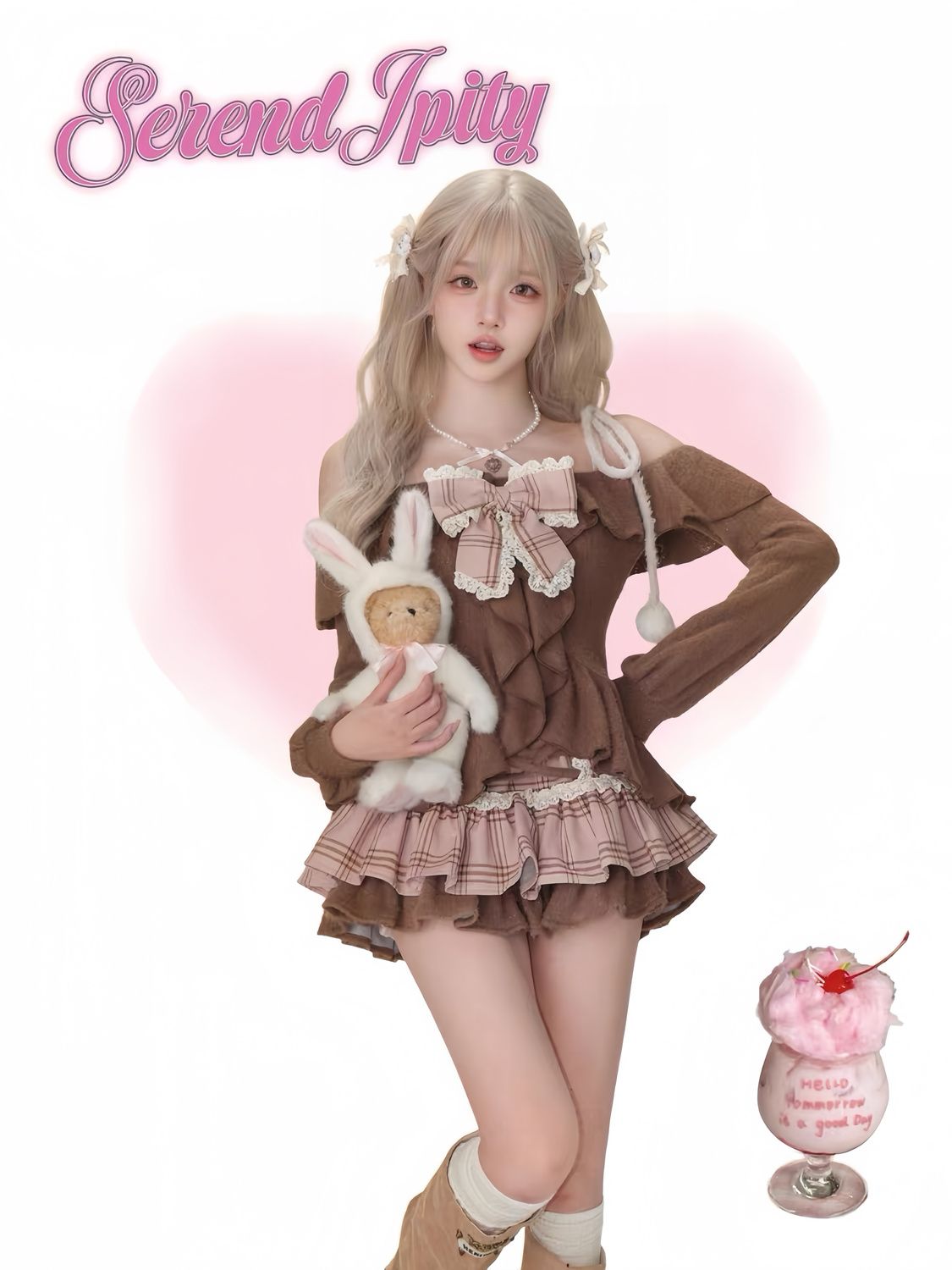 女性用ツーピース長袖ロリータセット,蝶ネクタイトップ,チェックケーキ,ミニスカート,韓国デザイナー,カワイイセット,冬,新しい,2024