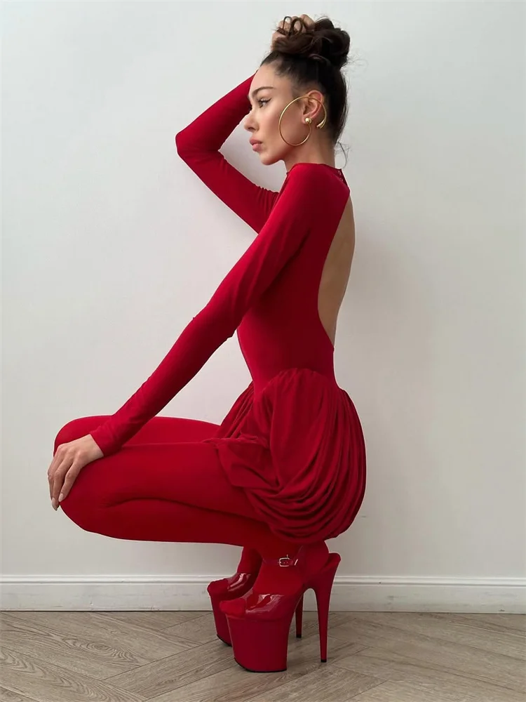 Tossy Backless Pleated 스키니 미니 드레스 패션 긴 소매 높은 허리 패치 워크 솔리드 우아한 파티 드레스 여성 붕대 드레스