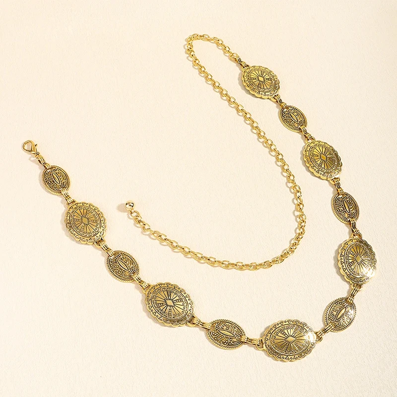 Accesorios de cadena de cintura de metal para mujer de estilo Retro, cinturón de cadena tallado con círculo decorativo, accesorios de estilo alto