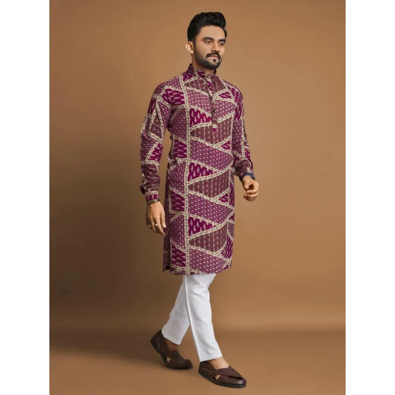 Masculino digital impresso kurta vardha regular ajuste gola mandarim longo adequado para todas as ocasiões como casamento hari raya aidilfitri