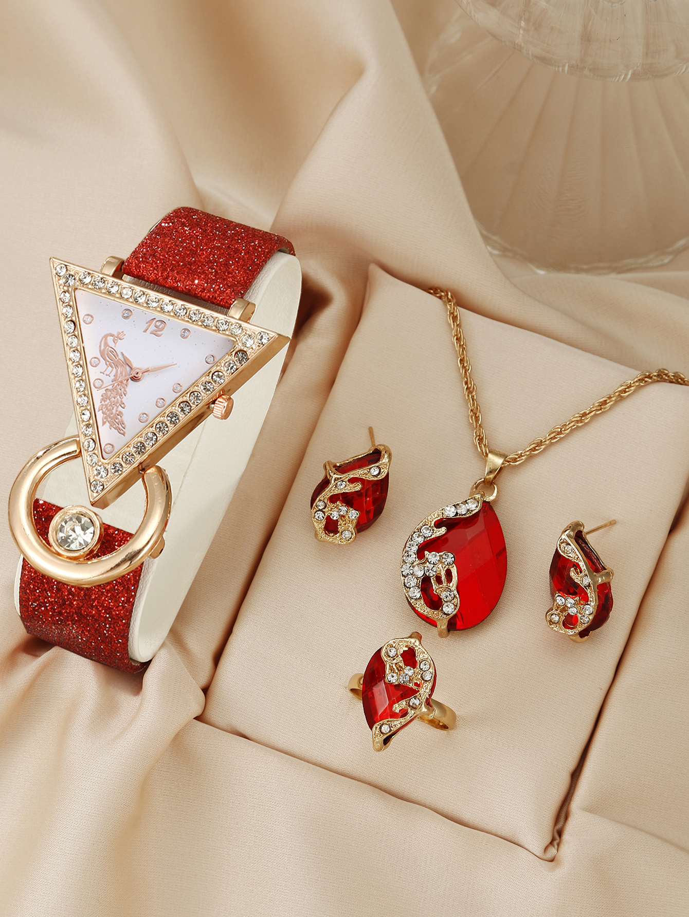 Relógio feminino luxuoso com cinto de quartzo e strass + conjunto de joias