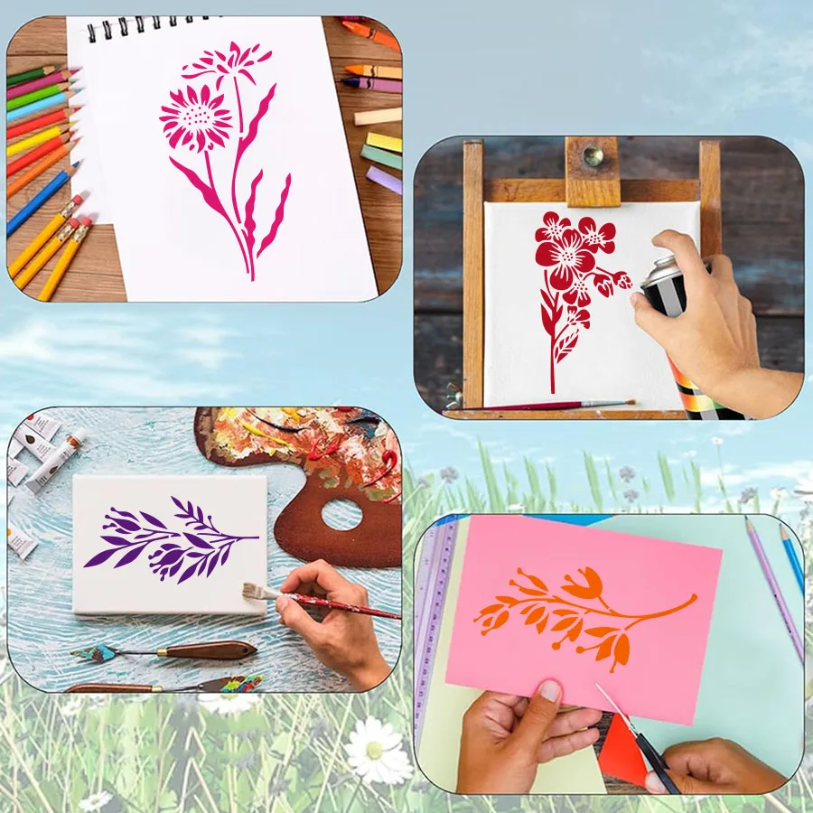 **18개 DIY 꽃 그림 스텐실, 목재, 직물, 종이용 재사용 가능한 플라스틱 템플릿 - 스프레이 페인트 및 그래피티 공예 용품