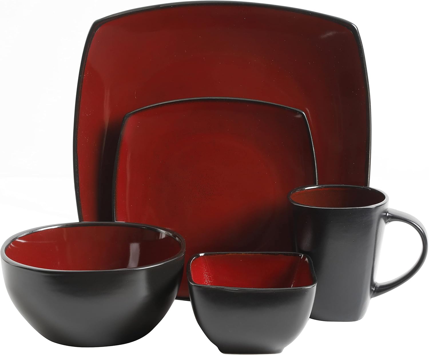 Soho Lounge Square Reactive Glaze Stoneware Dinnerware Set, Service for 8 (40pc), Red/Black