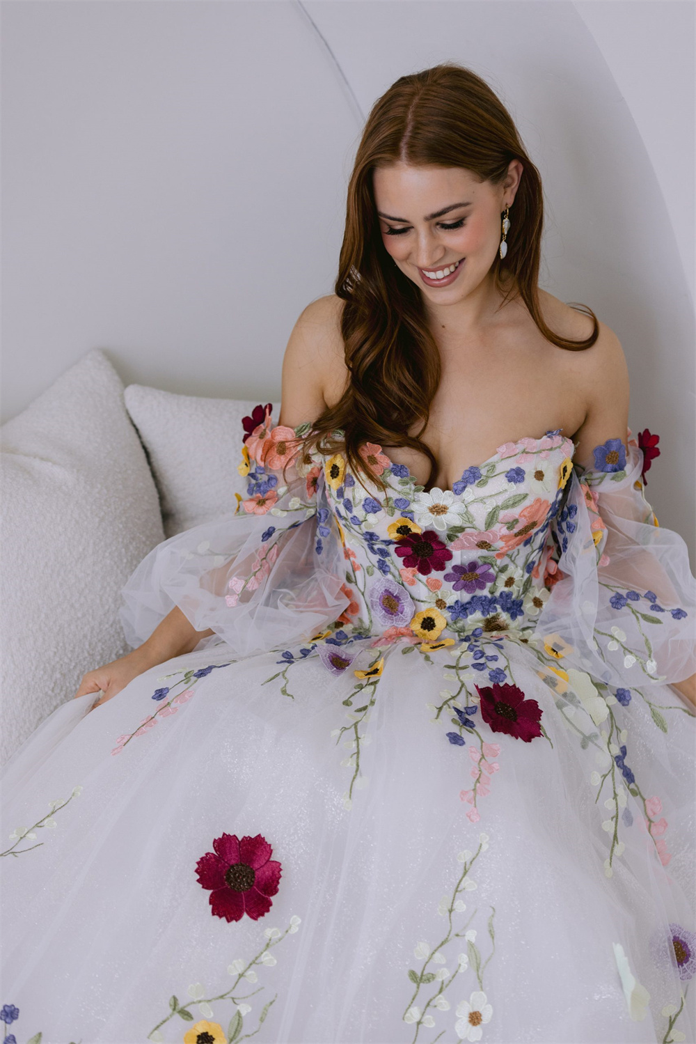 Amanda Fiori personalizzati Pizzo Ricamo Tessuto di tulle Abito da ballo Treno staccabile abiti da festa A-line فستانadusات miresì
