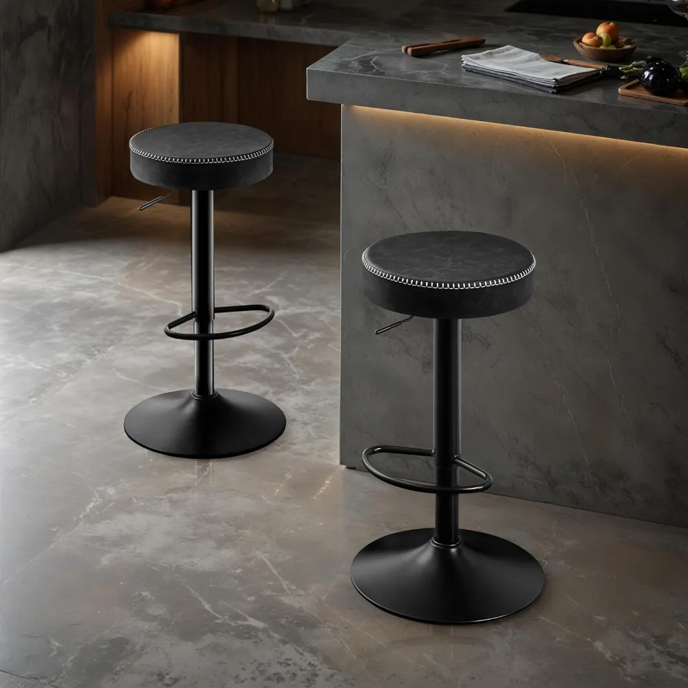 Swivel Bar Stools Set of 2 Black Microfiber Leather Counter Height Bar Stools with Round Seat Adjustable Backless Barstools