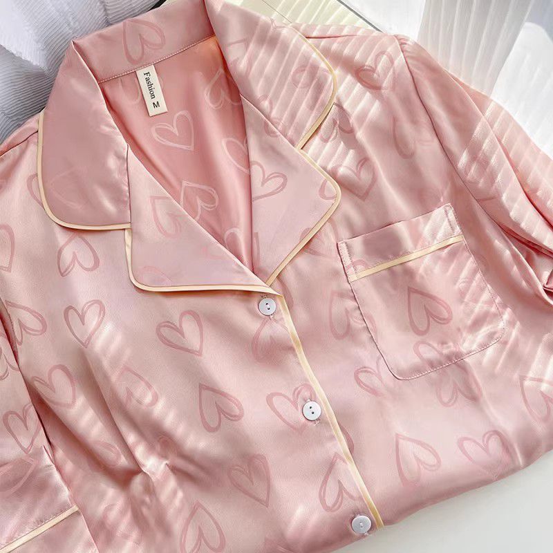 Pijamas de seda gelo feminino manga longa renda premium sentido duas peças terno doce homewear amor azul senhoras pijamas loungewear