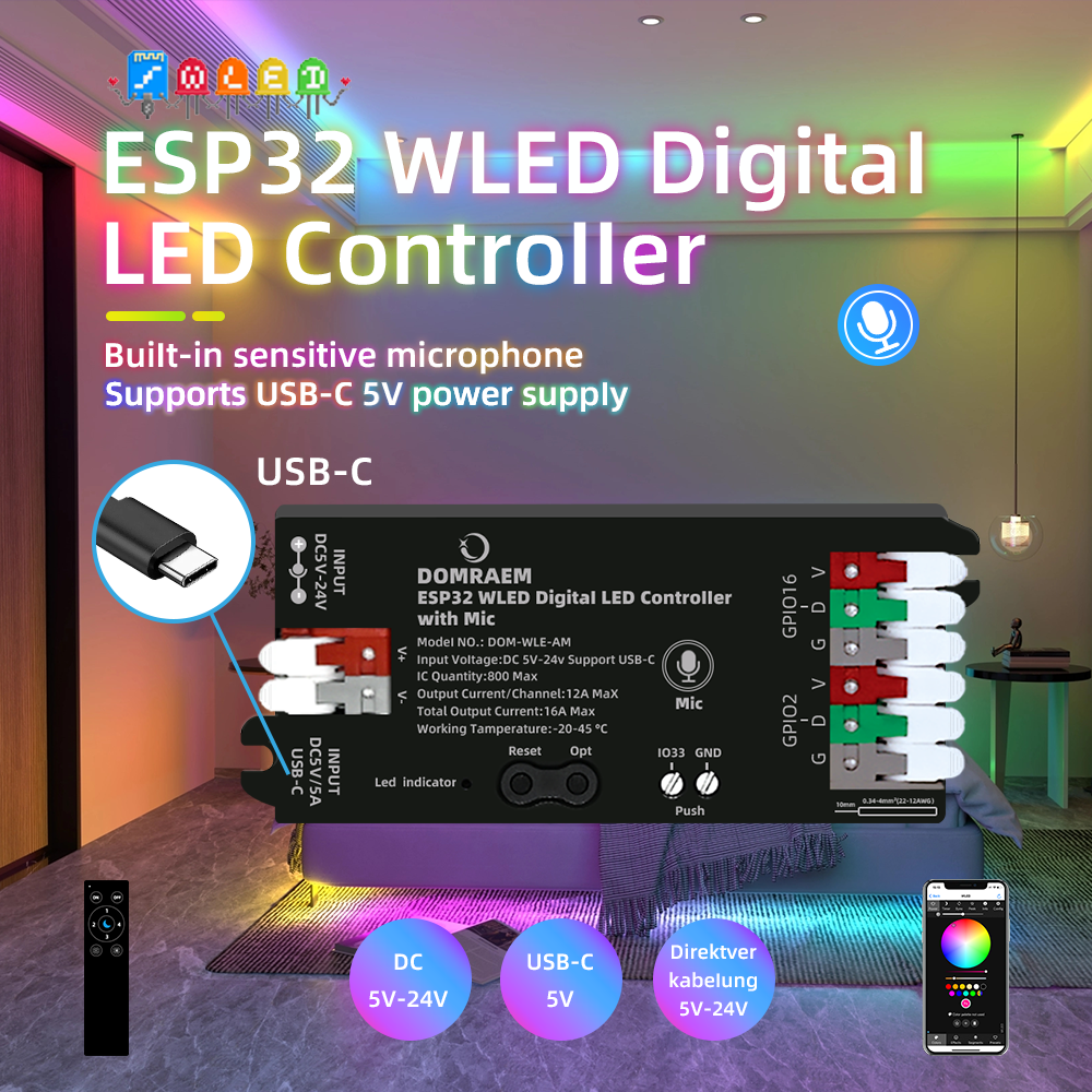 DOMRAEM ESP32 WLED Digital LED strip controller with Mic, USB-C. Supports WS2811/2812B/2814/2805etc. Works with HA/MQTT/Alexa