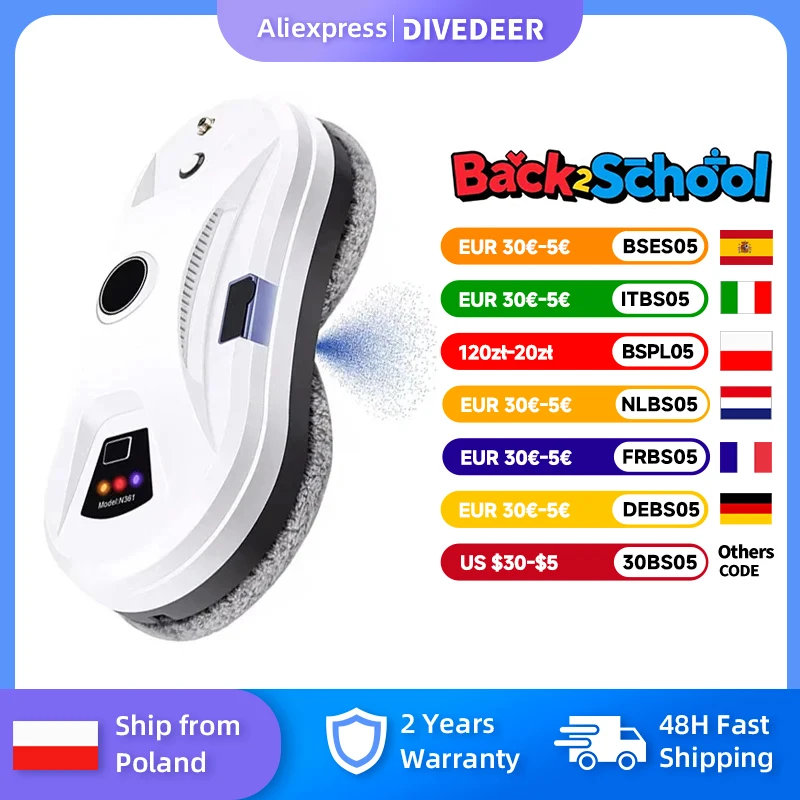 DIVEDEER Biało-Czarny Domowy Automatyczny Robot do Mycia Okien Inteligentne Wycieranie Pojedynczy spray wodny Wysokie budynki Duże powierzchnie okienne