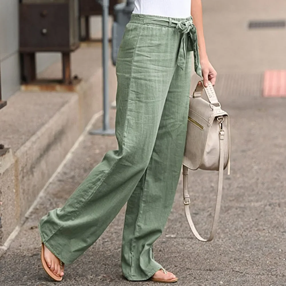 Pantalones de lino y algodón para mujer, moda de verano 2023, Pantalones rectos holgados con cintura elástica, pantalones informales hasta el tobillo de Color sólido para mujer