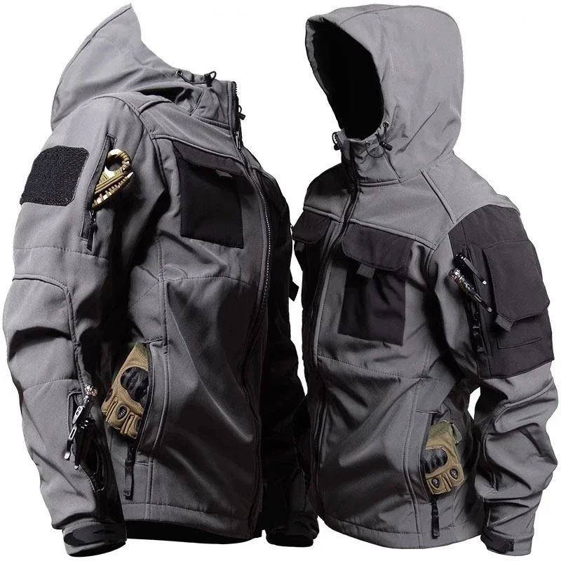 Jaquetas impermeáveis de casca macia masculina, jaqueta com capuz com vários bolsos de pele de tubarão ao ar livre, outono inverno, resistente ao desgaste, casaco de carga de treinamento