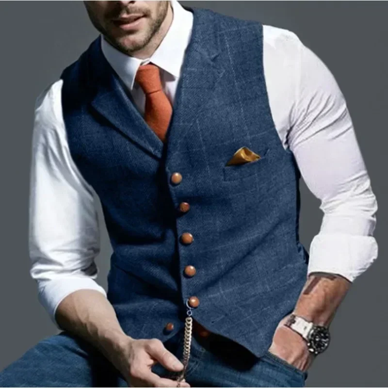 Chalecos formales para hombre, trajes de Tweed, chaleco de negocios para hombre, solapa con cuello en V, chaqueta a cuadros, chaleco para padrino de boda, trajes ajustados Brwon, chalecos