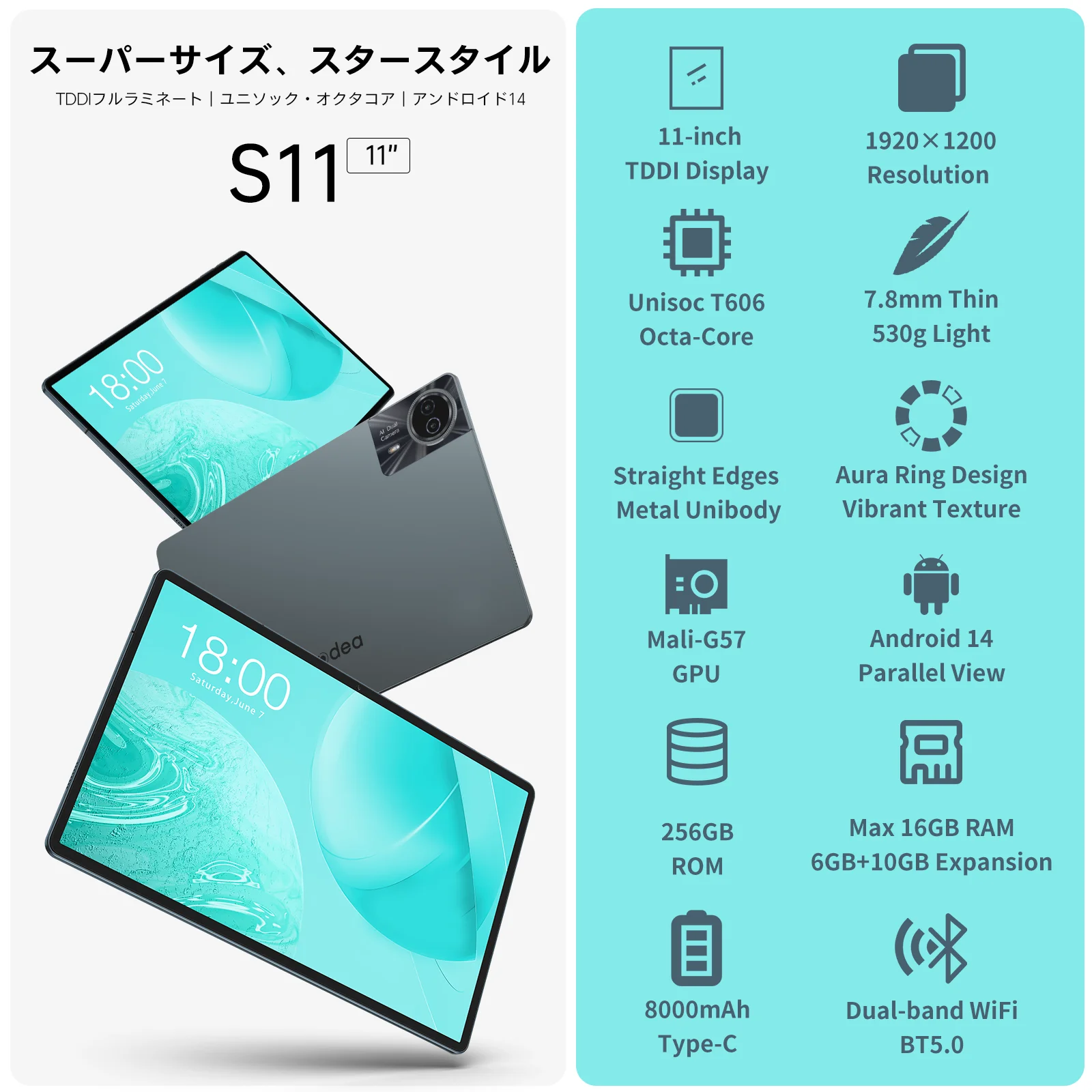 ODEA S11 Tableta, 11 Pulgadas TDDI , Android 14,  (6+10)16GB de RAM, 256GB de ROM,  4G LTE, 8000mAh, 1920x1200, UNISOC T606, 8 núcleos, Mali-G57, 5G Wifi, GPS, Ranuras SIM*2, TF hasta 1TB, for Netflix Widevine L1