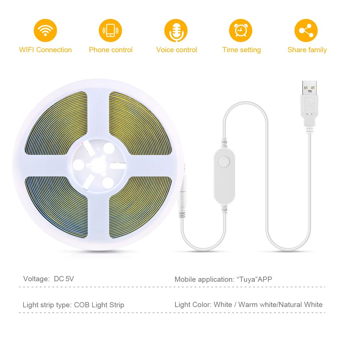 5V USB Tuya スマートライフ WiFi COB LED ストリップ、1M 2M 3M 5M ホワイト/ウォームホワイト調光可能な COB LED ストリップライト Alexa Google Home と連携
