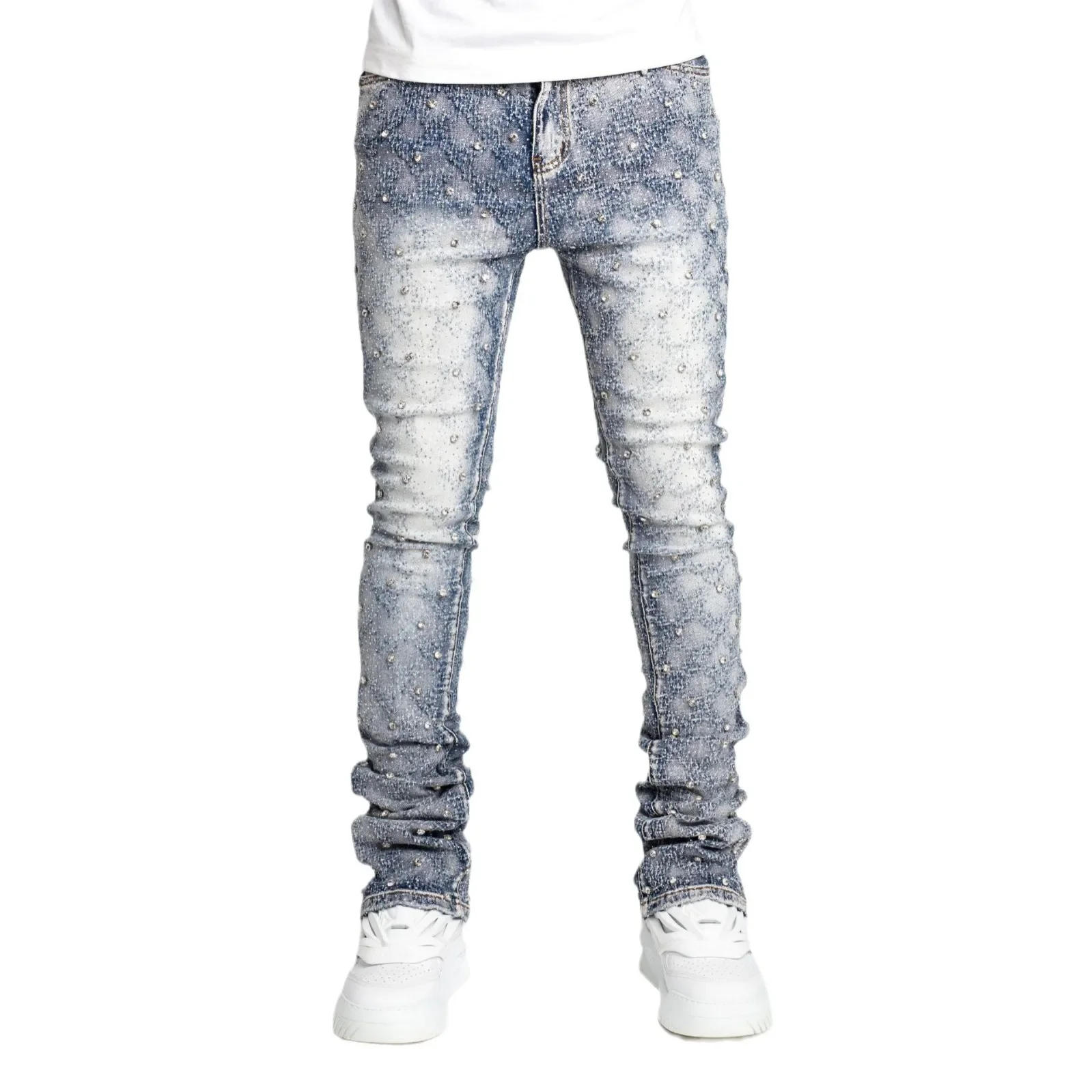 Herren-Jeans, modisch, gerade, dehnbar, Perlen-Denim, laminierte Hose für Herren