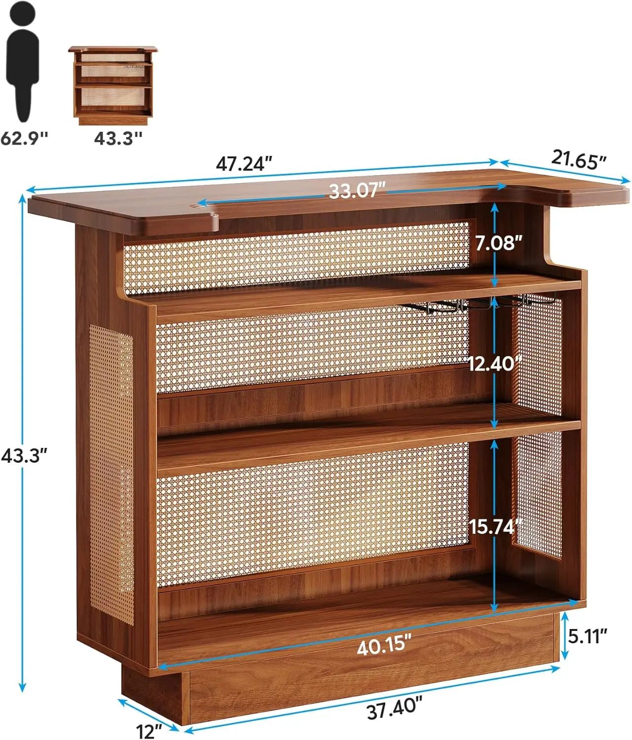Rattan Home Bar Unit, Farmhouse 4-Tier Bar Table with 4 Stemware Racks and Heightened Base, Liquor Wine Cabinet Mini