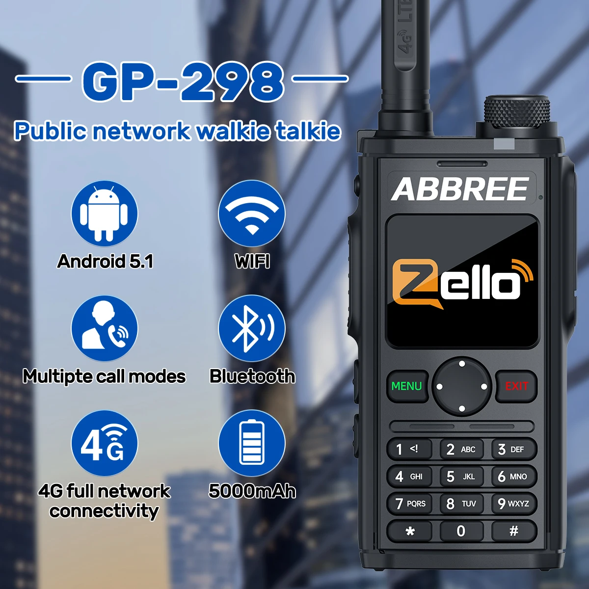 ABBREE GP-298 POC Netzwerk Walkie Talkie Global POC Radio Unbegrenzte Entfernung Zello 4G SIM Karte Android Bluetooth WIFI Radio