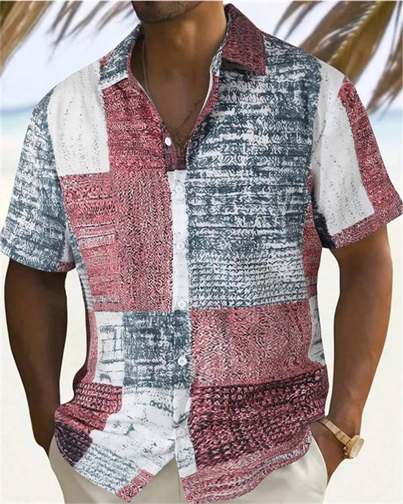 2024 Men's Color Block 3D Printed button-down Lapel Short Sleeve Shirt Large Size 5XL High quality Hawaiian Beach Top