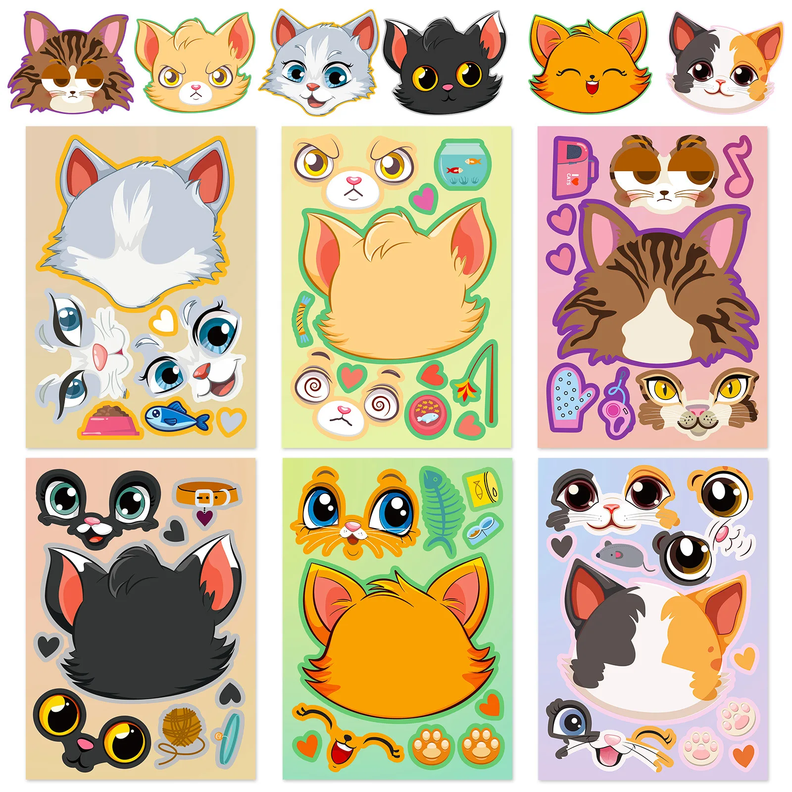 6 ชิ้นการ์ตูนหัวแมวเปลี่ยนปริศนาสติกเกอร์การ์ตูนสัตว์ Make a face ของเล่นเปลี่ยนสติกเกอร์ DIY ของเล่นเด็ก
