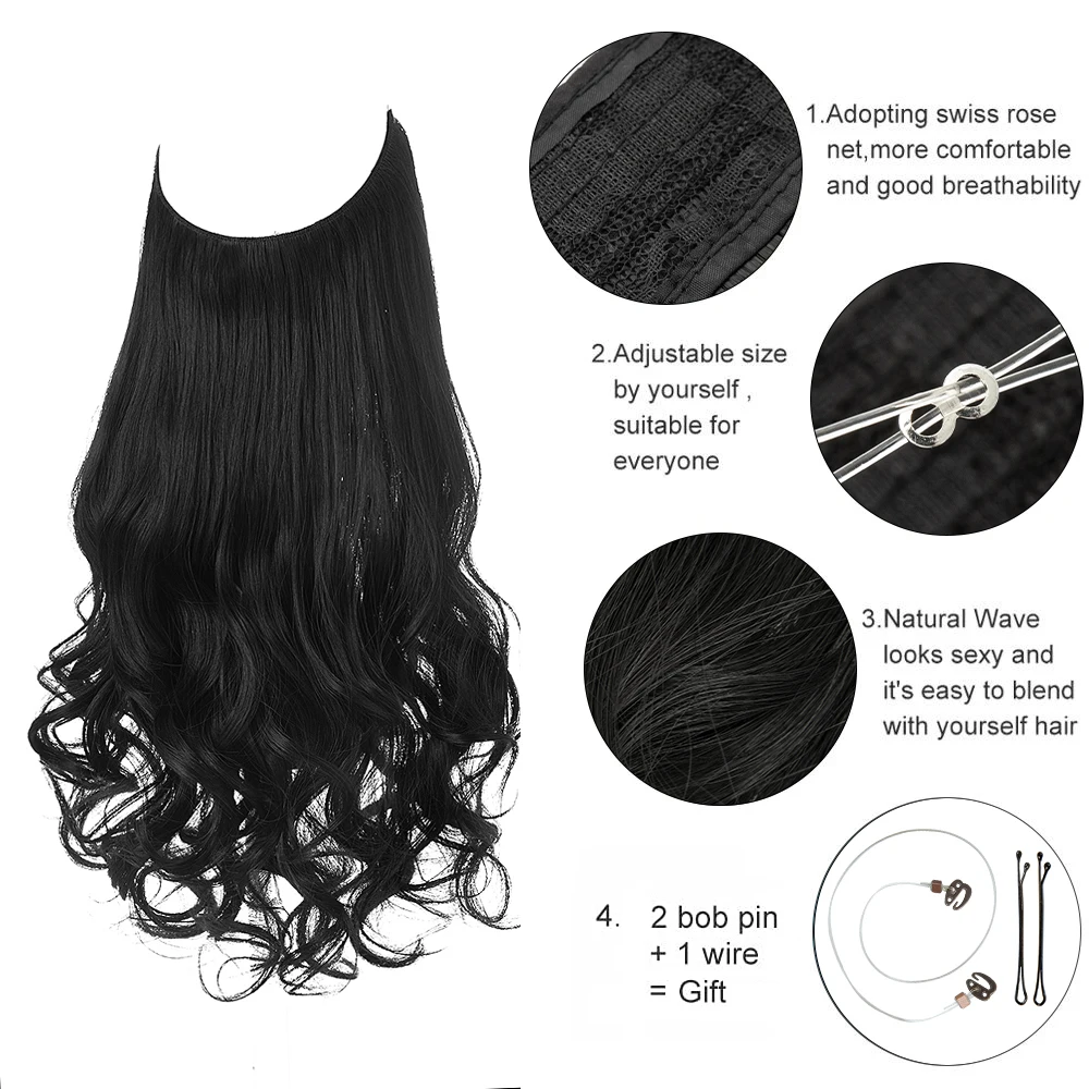 Extensões de cabelo de fio invisível sintético, resistente ao calor, sem clipes, longo, natural, ondulado, falso, para mulheres