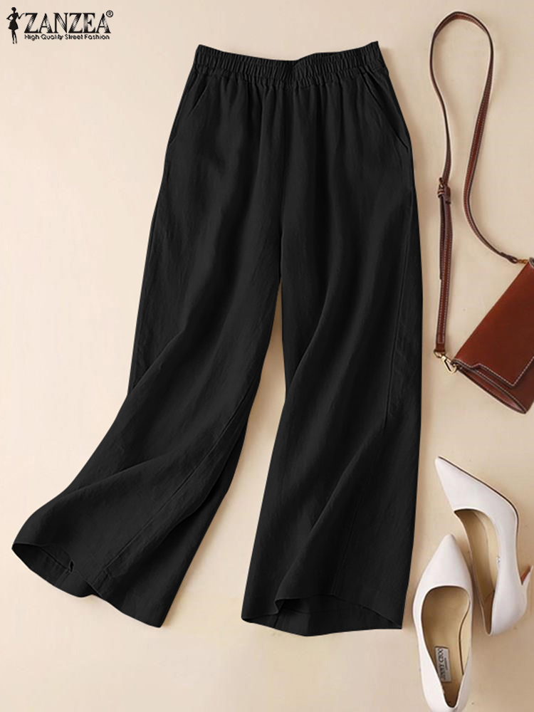ZANZEA Pantalones de verano para Mujer, Pantalones de pierna ancha con cintura elástica de lino y algodón, Pantalones informales ligeros y sólidos Palazzo de Mujer 2025