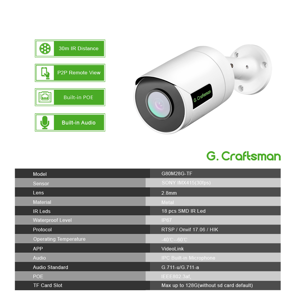 RU GCraftsman POE Audio 30 кадров в секунду 8MP 4K видеонаблюдение ИК ночного видения Onvif без SD-карты