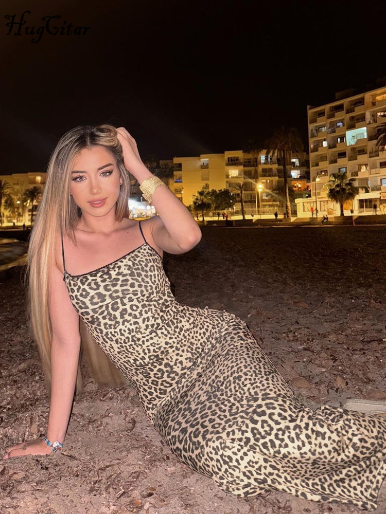 Hugcitar 2024 Mode Leopard Print Slips Backless Sexy Bodycon Maxi Kleid Sommer Frauen Casual Kleidung Strand Party Urlaub Club