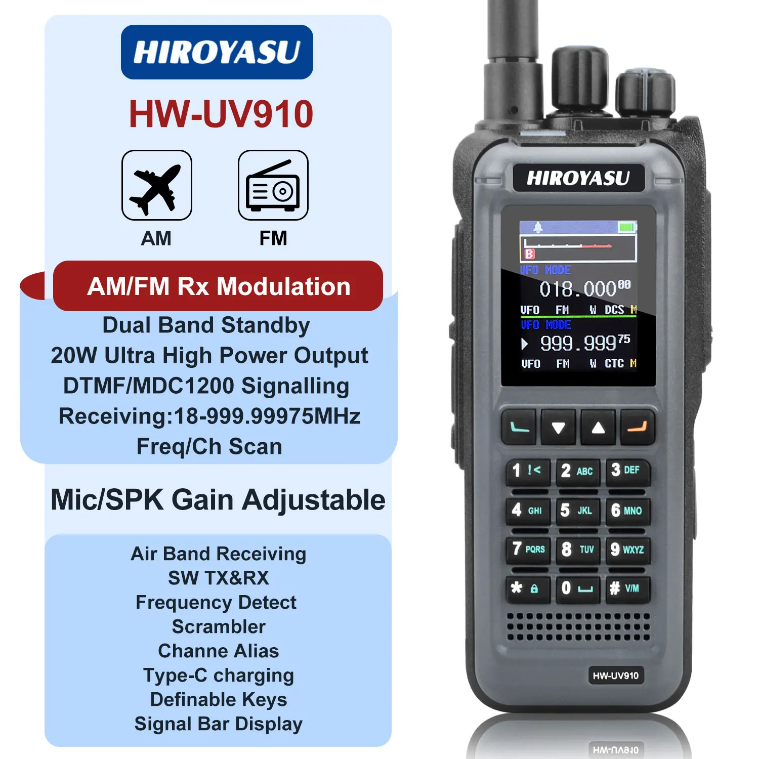 HIROYASU HW-UV910 VHF UHF banda Dual 20W banda aérea 18-999.99975MHz Rx Scrambler DTMF 1750 tono NoAA FM Walkie Talkie Freq detectar