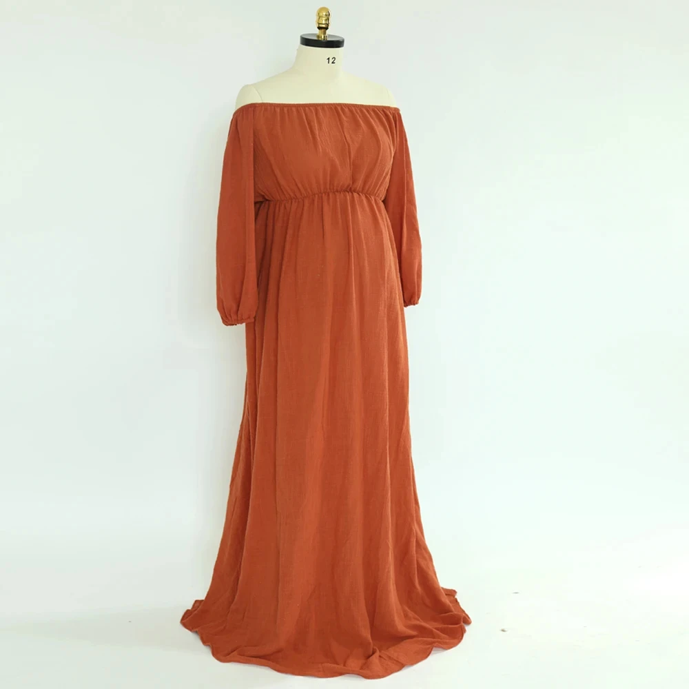 Boho ชุดเดรสถ่ายแบบผ้าลินิน, ชุดเดรสเดรสสไตล์โบฮีเมียนถ่ายแบบไหล่เดียวสำหรับหญิงตั้งครรภ์