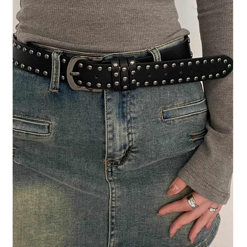 2026 novo cinto feminino jeans tie-in senhoras cinto moda personalidade rebite cinto sênior preto moda