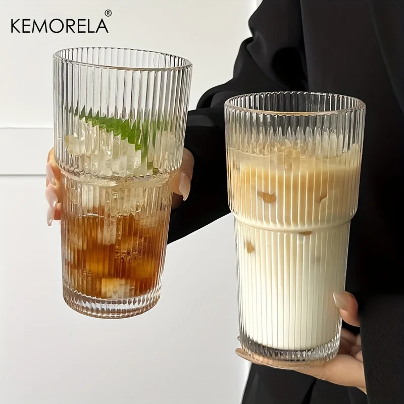 600 ml Streifen-Glas-Kaffeetasse mit Deckel und ohne Deckel, Strohhalm, transparente Trinkgläser für Saft, Eiskaffeetassen, Trinkgeschirr