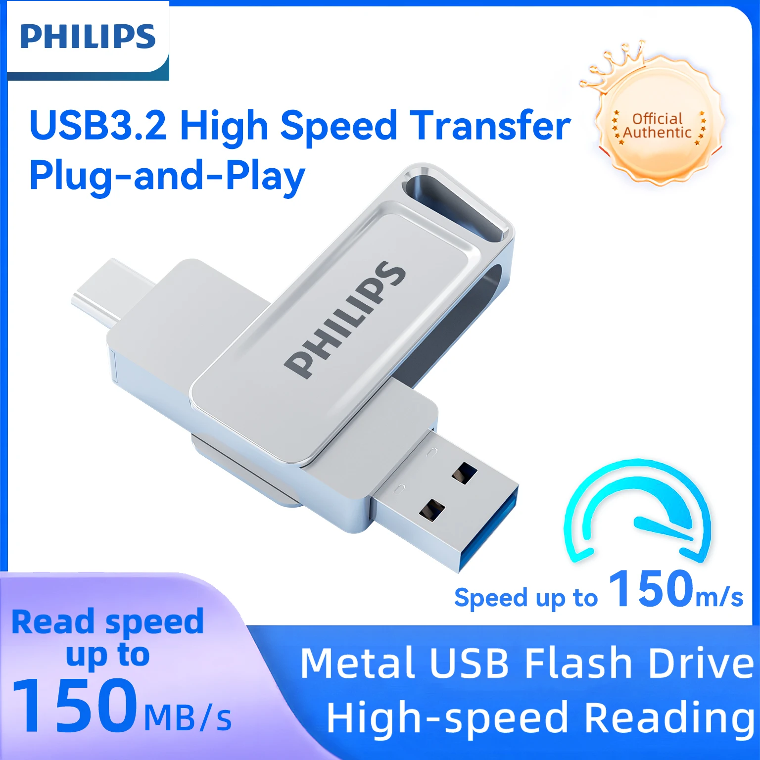 PHILIPS USB3.2 แฟลชไดรฟ์ Type C 256GB 128GB 64GB 32GB Pendrive High-Speed Dual Memory Stick (สําหรับสมาร์ทโฟนแล็ปท็อป)