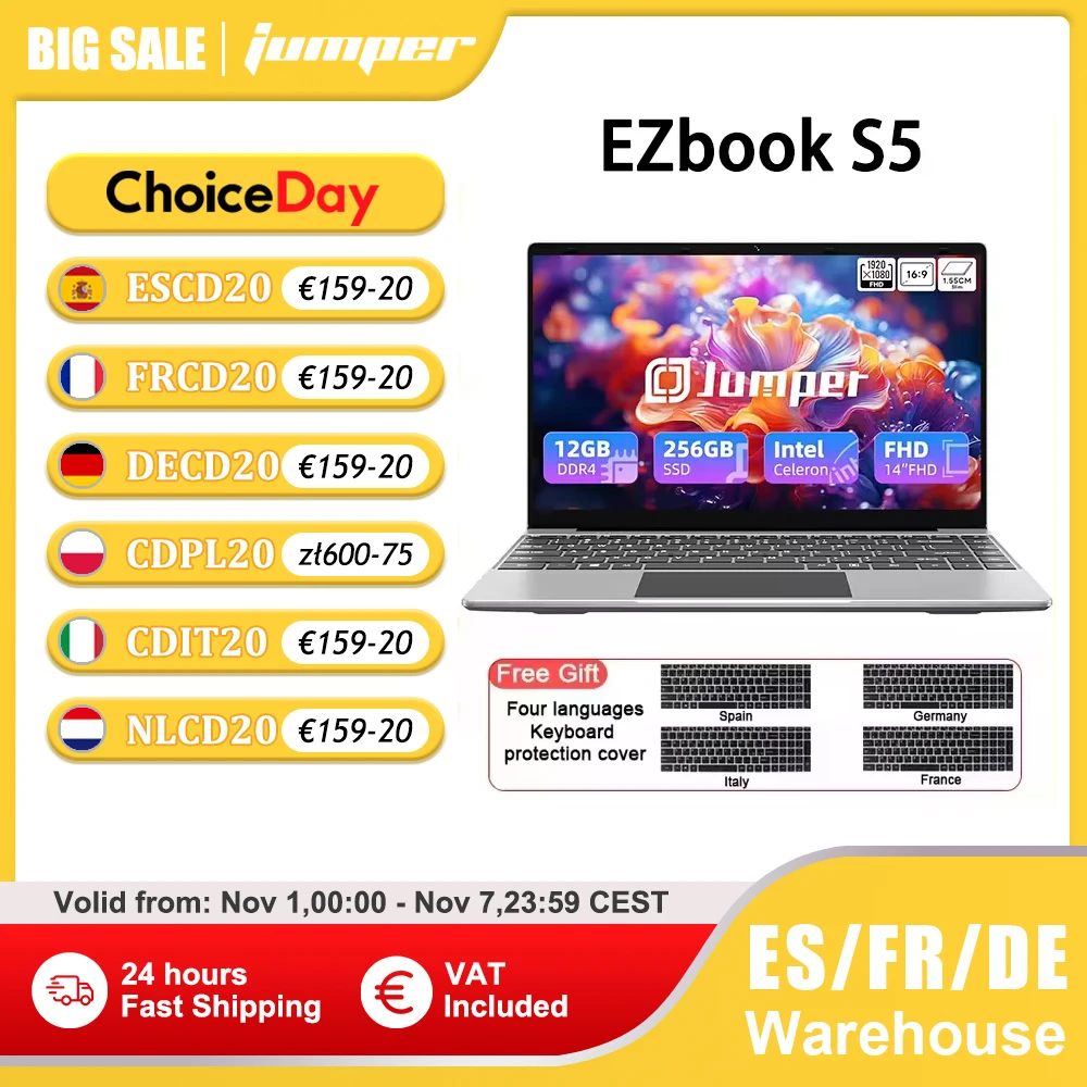 Laptop Jumper EZbook S5 14 cali, 12 GB RAM 256 GB SSD, procesor Intel Celeron J4105, dwa głośniki, Type-C, Mini HDMI